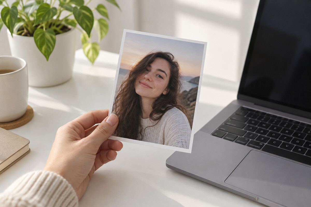 A hand holding a printed portrait next to a laptop on a white desk.
