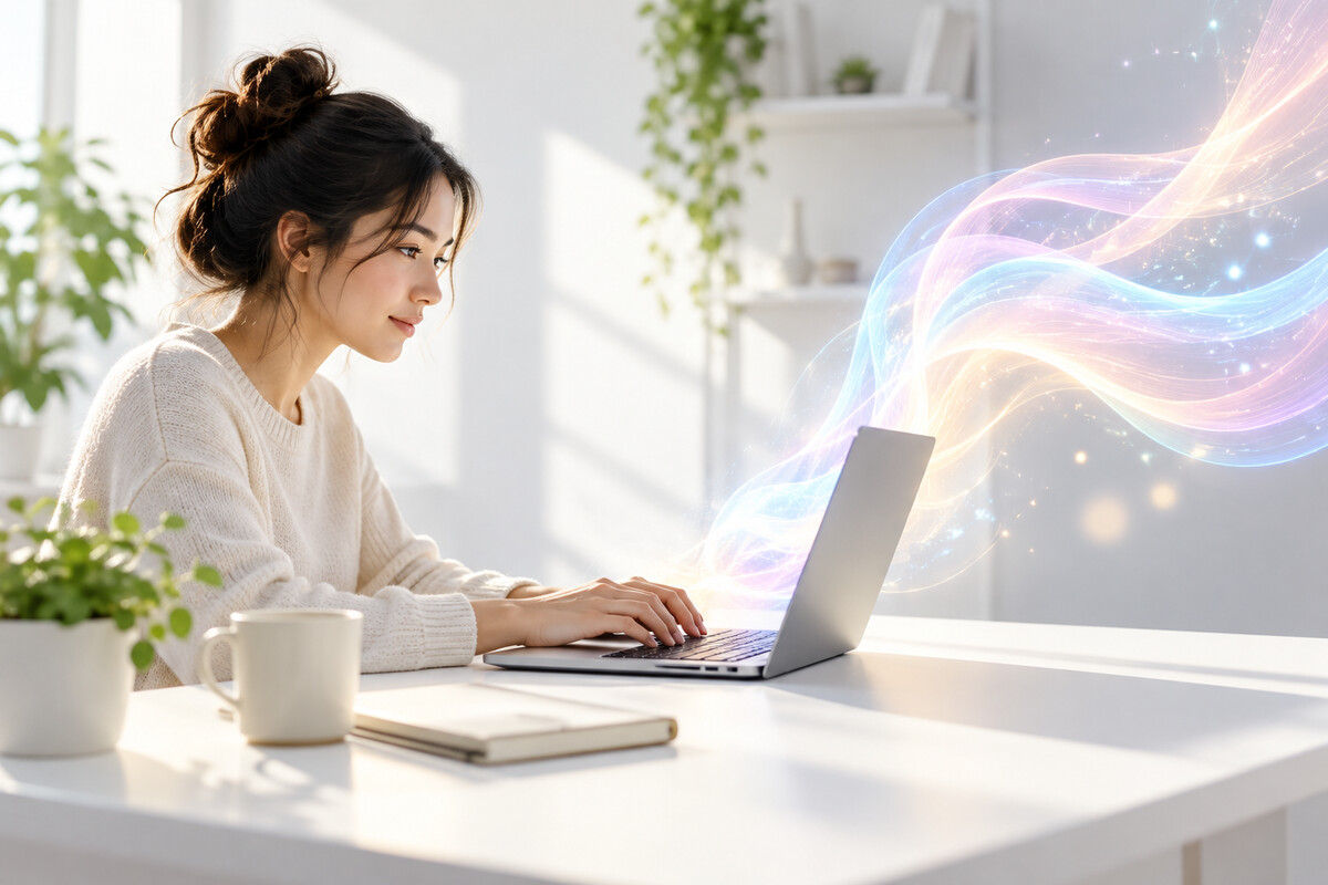 A person typing a prompt while light ribbons flow from the screen.