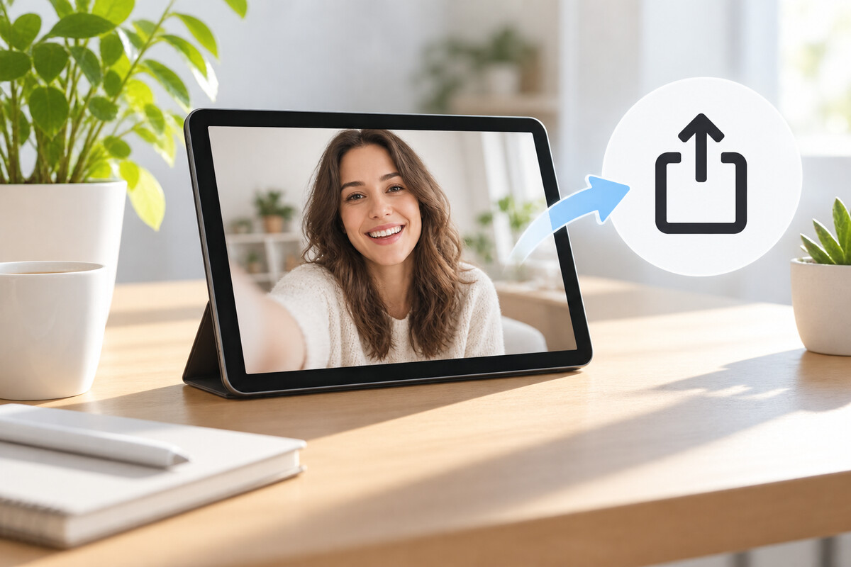 A tablet on a desk playing a short clip of a smiling presenter.